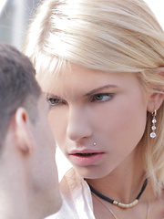 Sassy blonde Karina Grand climbs onto her mans rock hard dick and gives him a ride hell never forget in her bald pussy